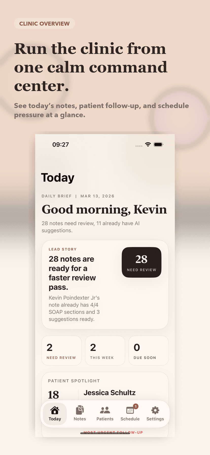 ChiroScribe clinic overview — review queue, follow-up, schedule