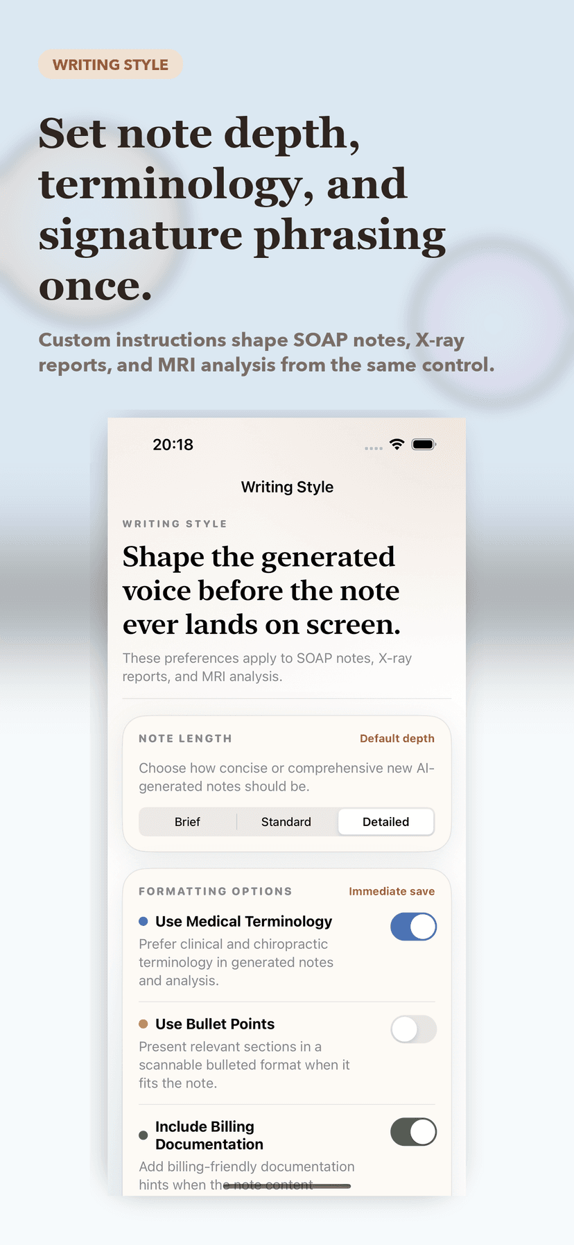 Writing style preferences with custom instructions for SOAP notes and imaging