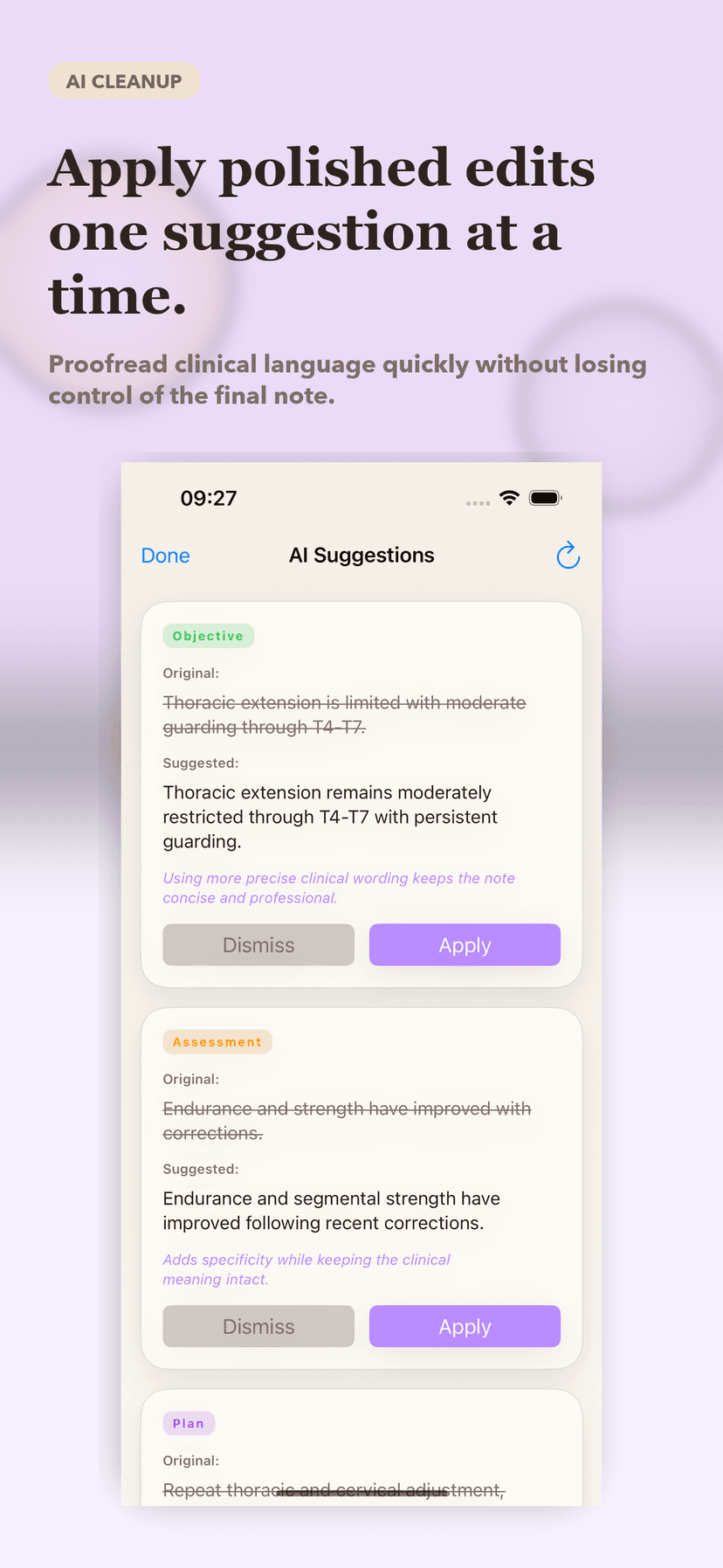 AI proofread suggestions on a SOAP note