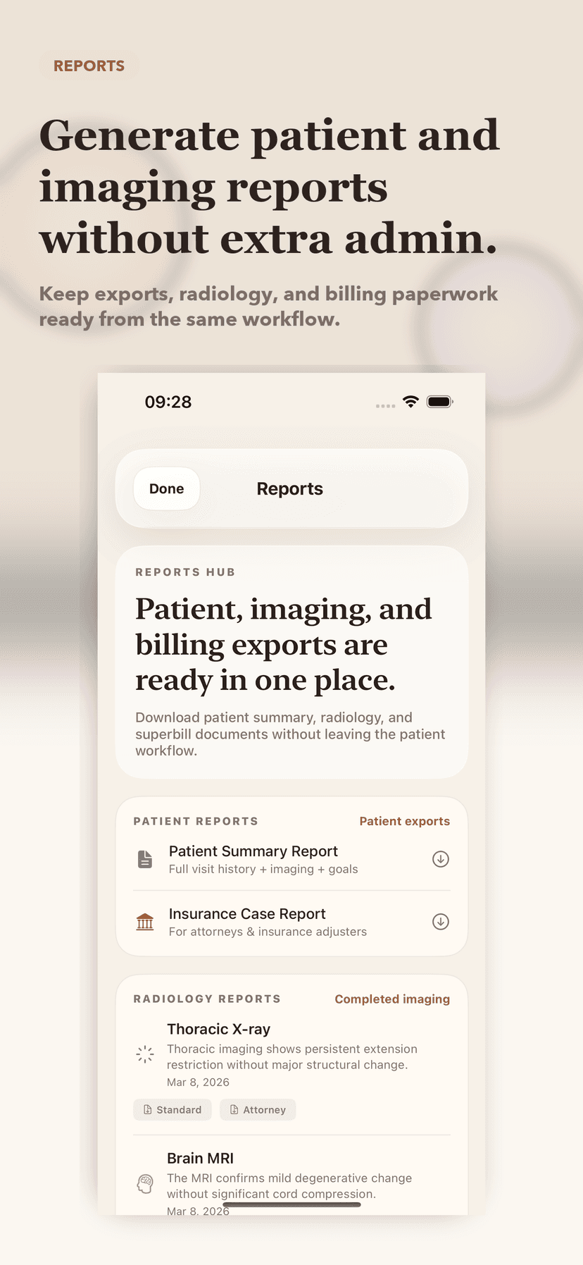 Reports hub with patient summaries