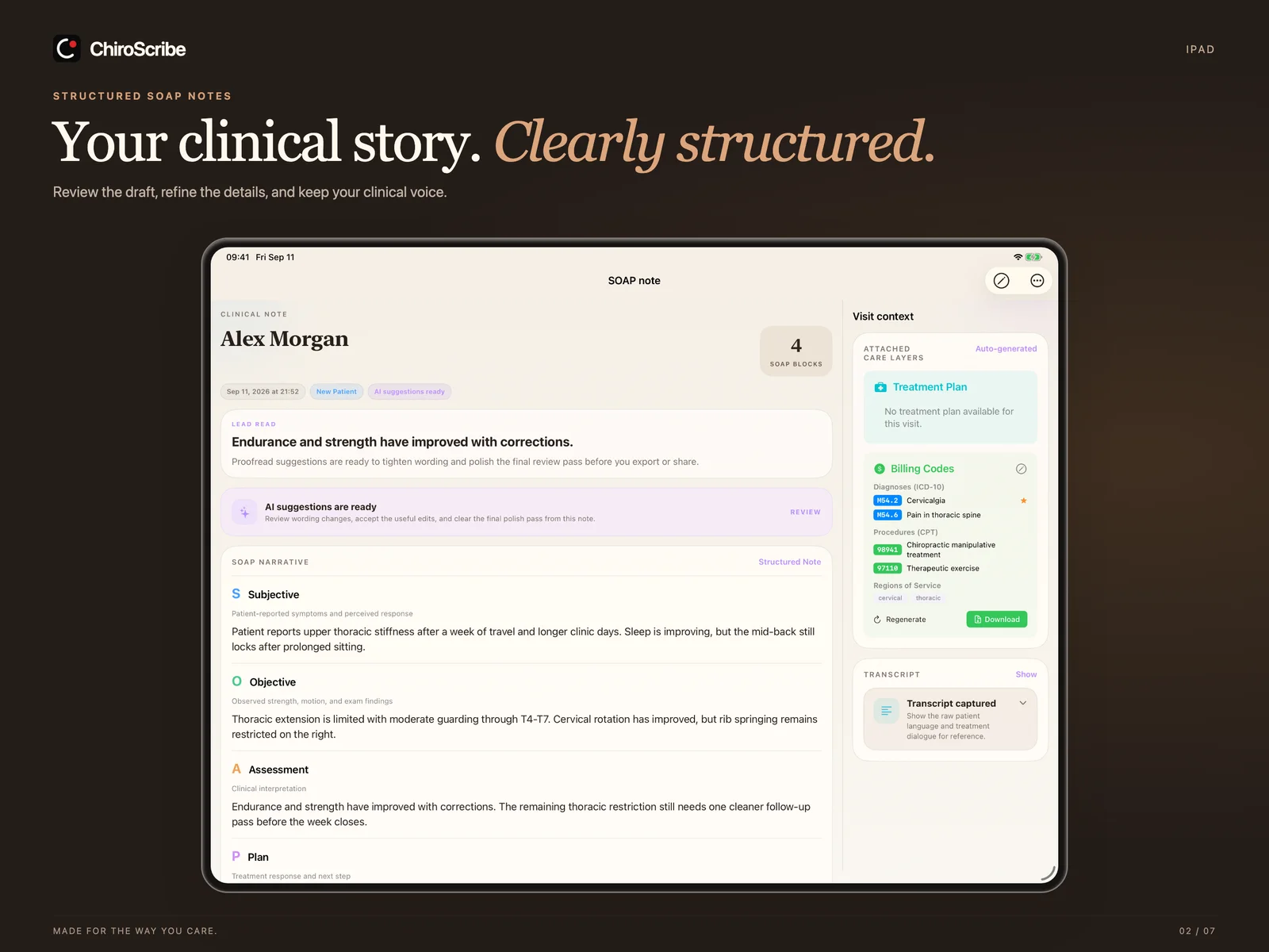 ChiroScribe iPad preview showing a structured SOAP note beside visit context, billing support, and transcript controls.
