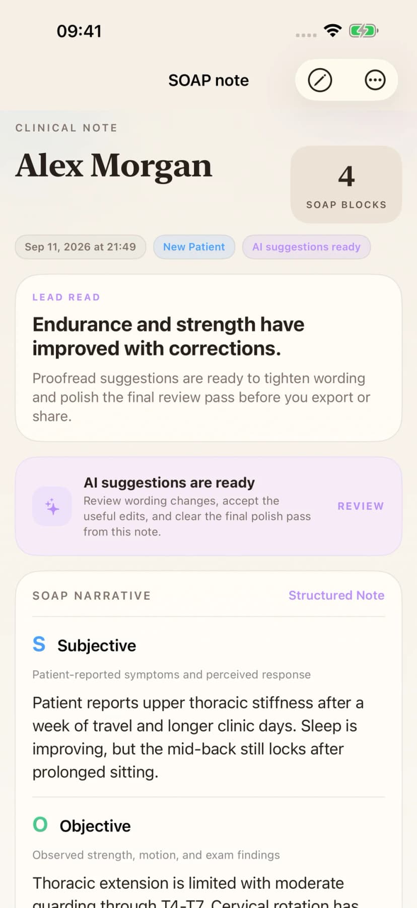 Native preview of a structured SOAP draft for provider review