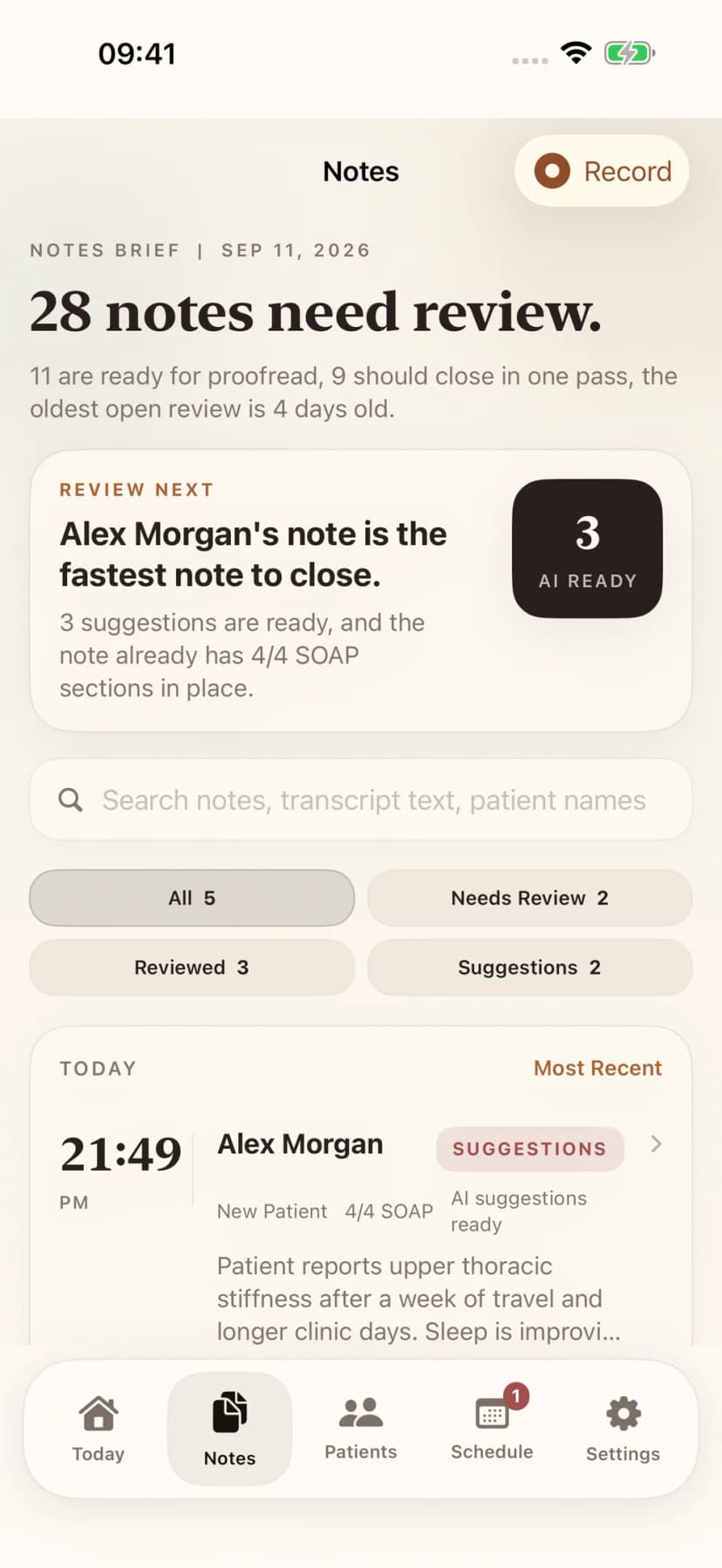 Notes queue with review status and priority