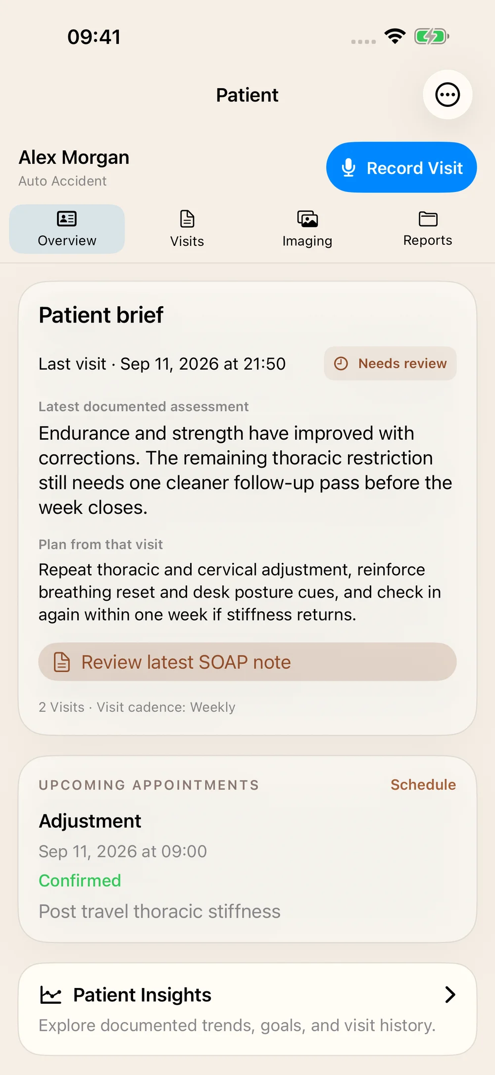 Patient workspace preview with visit history, clinical context, and reports.