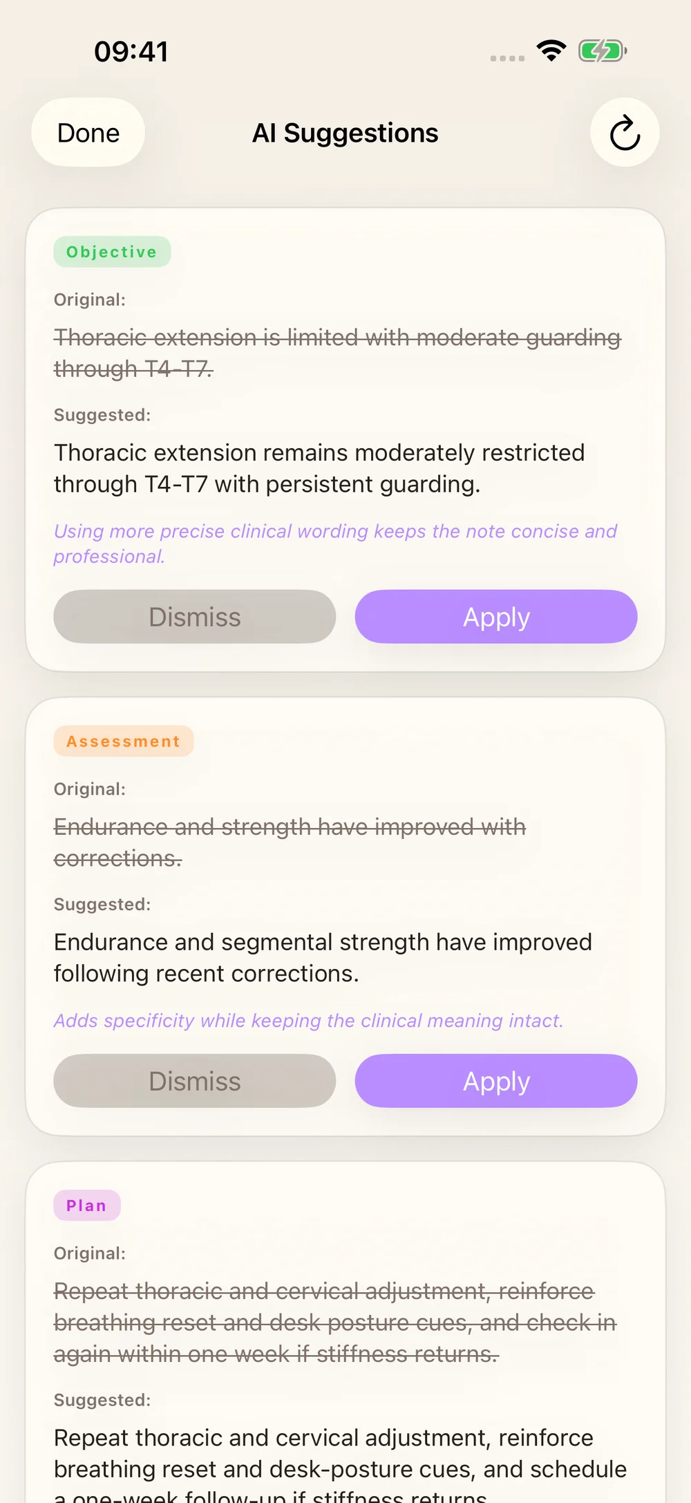 Native proofread preview showing original wording beside suggestions.
