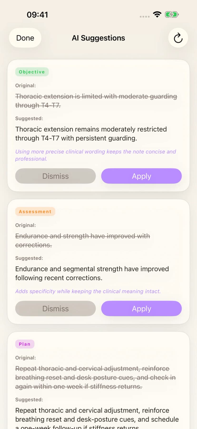 AI proofread suggestions on a SOAP note
