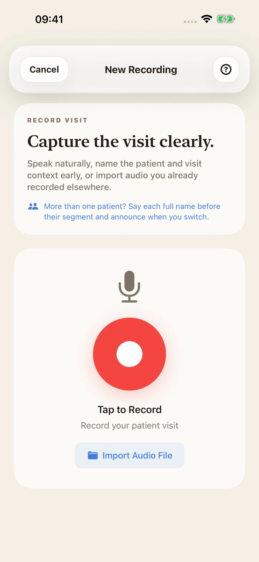 Native recording preview with a record button and audio import.