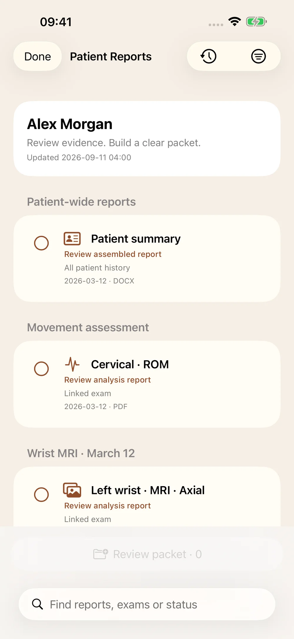Native patient reports preview with a patient summary, movement assessment, and wrist MRI grouped by exam.
