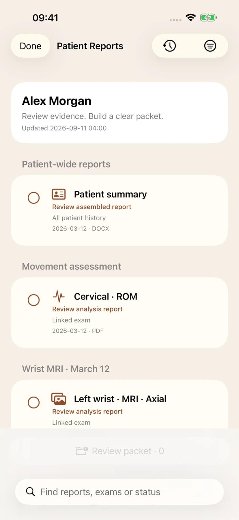 Reports hub with patient summaries