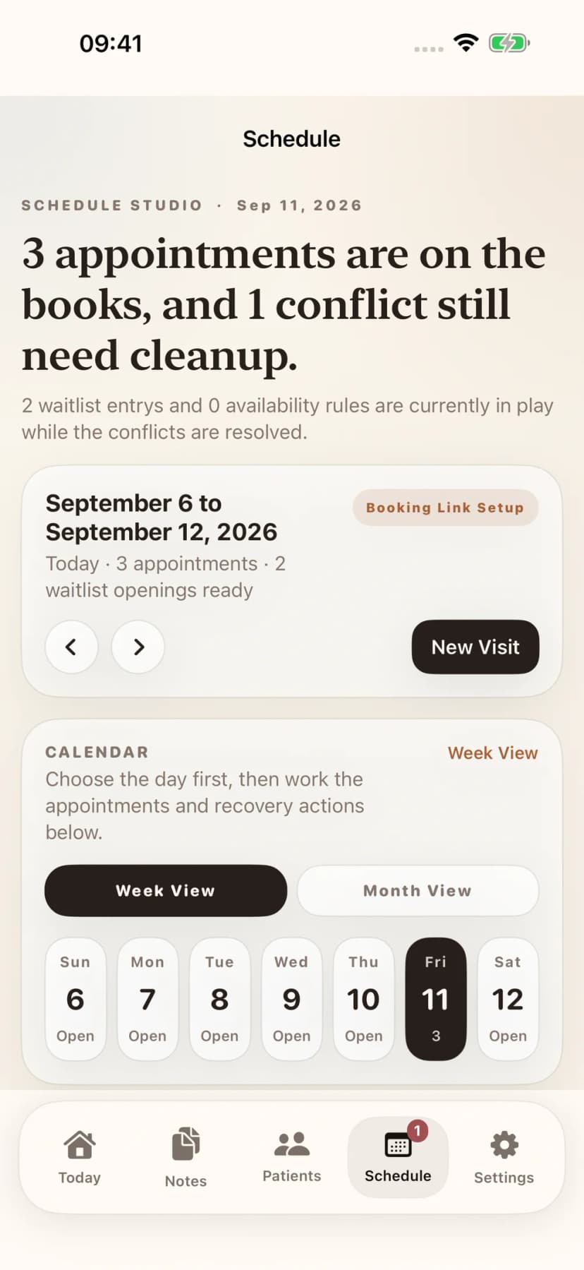 Schedule view with weekly calendar